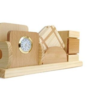 Shivom Crafts Wooden Big Size Tea Coasters, Pen Holder with Watch,Visiting Card,Mobile Fone Holder. (L-27cm B-7cm H-11.5cm_Multi Color)