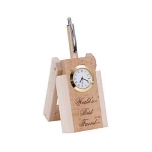 Shivom Crafts Wooden Pen Stand with Hand Craved Analogue Clock - Printed World's Best Friend for Corporate Gifts, Gift for Friendship Day, Office Table Accessories and Home