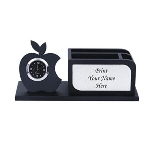 Shivom Crafts Wooden Desk Organizer with Clock, Pen Stand, Mobile Phone Holder, Card Holder with 3 Compartments for Home and Office - Customized, Personalized Gift, Get Name Printed (Black and Silver)