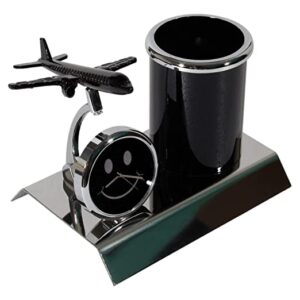 ZAHEPA Airplane Showpiece Metal Pen Stand for Office Table, Pencil Holder, Desk Organizer with Happy Smiley Analog Table Clock in Black Color for Home, Dashboard Decoration & Corporate Gifts