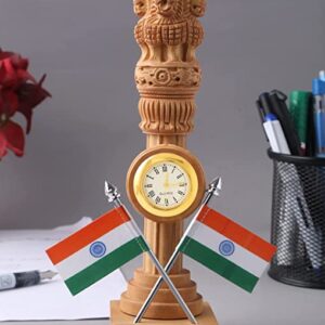 RDK Antique Designed Wooden Carved Ashok Stambh Pillar with 2 Flags & Clock II Indian National Emblem Table Showpiece Figurine for Home and Office II Receptions/Desk II Gifting I Desk Organizer