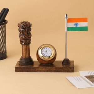 RDK Wooden Handmade Ashok Stamb Pillar with Clock and Flag Stand Decorative Showpiece Gift Items for Tabletop and Office Desk Organisers (Black)