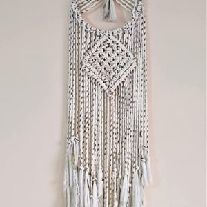 Kasba Cotton Wall Hanging for livingroom Decoration | Bohemian Geometric Theme | Cotton Dream Catcher | Bohemian Wall Decor | Handmade (3 feet, White with Green Lines)