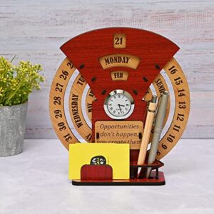 Gift Kya De Wooden Desk / Table Calendar to Lifetime Infinite Calendar 2022 with Desk Organizer and Clock for Office / Home (‎Red)