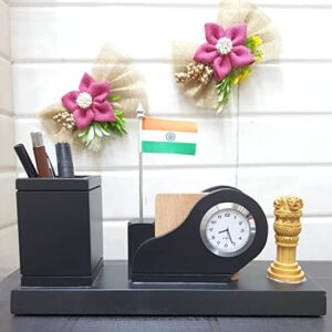 Woodhouse Wooden Pen Stand with Clock for Office Table & Study Table, Wooden Pen Stand with Indian Flag, Ashok Pillar/Ashok Stambh for Office Table Stylish, Beautiful Pen Stand, Wooden Pencil Stand