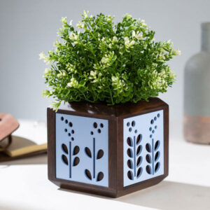 QUBO Serene Blue Flower Handmade Wooden Indoor Planter Pot