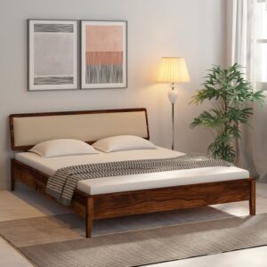 Flair Solid Wood Queen Size Bed With Upholstered Headboard In Provincial Teak Finish
