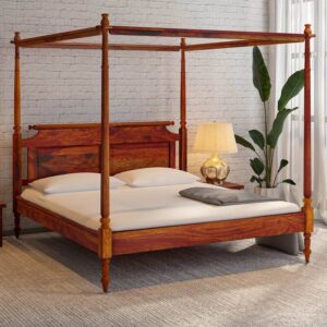 Harleston Solid Wood King Size Poster Bed In Honey Oak Finish